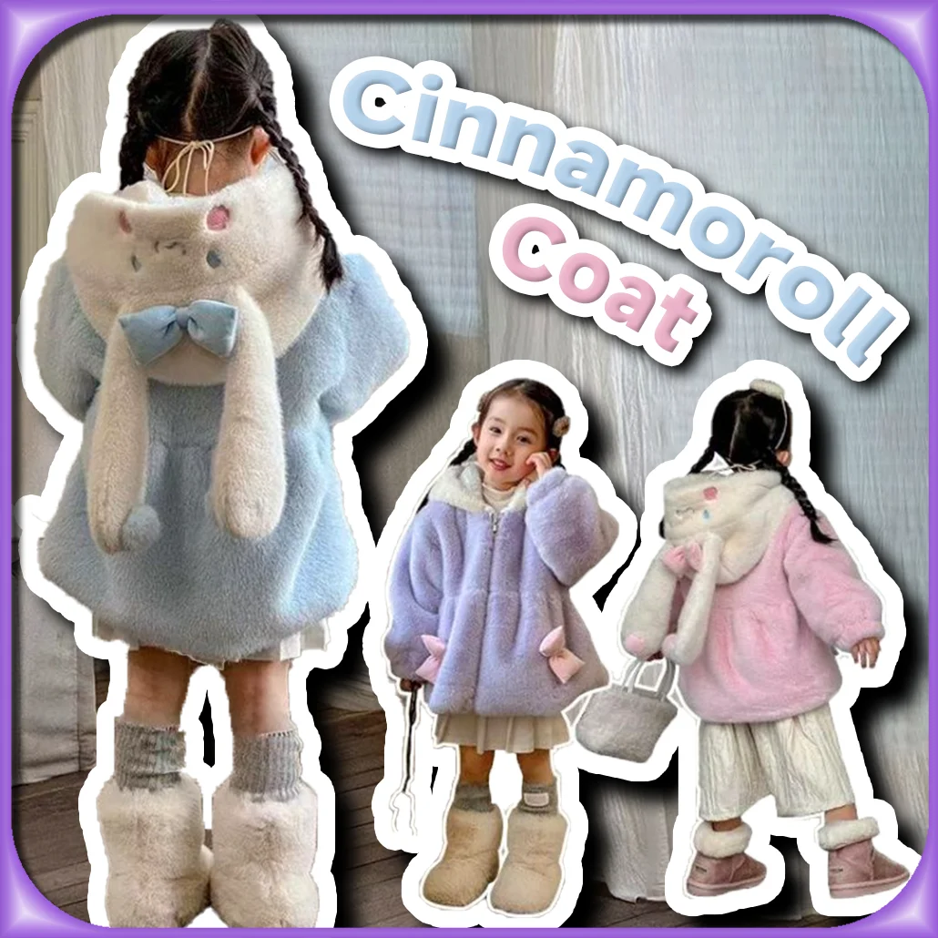 Kawaii Cinnamoroll Kids Thicken Plush Hooded Coat Sanrio Anime Clothes Cute Parka Fashion Comfortable Long-sleeves Warm Tops