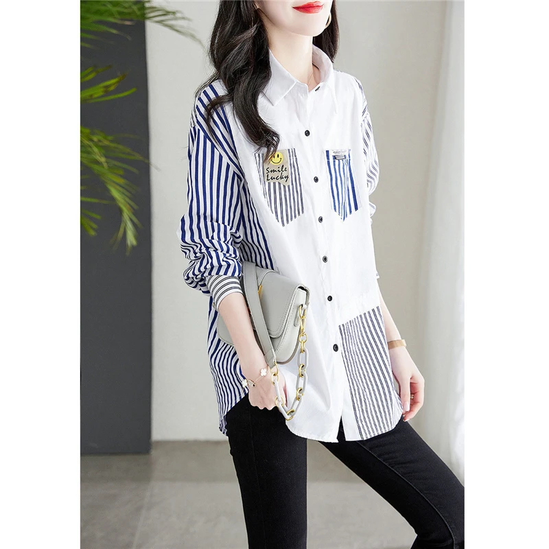 Women Striped Patchwork Pockets Streetwear Button Shirts Korean Fashion Long Sleeve Loose Blouses Chic Cotton Tunic Tops Blusas