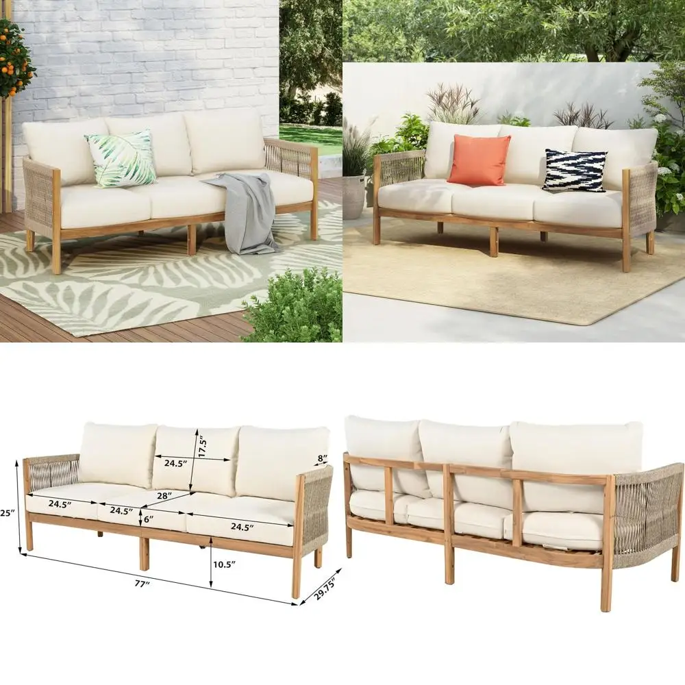 

Трехместный садовый диван из акации с плетеным веревочным покрытием, с глубоким сиденьем и подушками толщиной 6 дюймов, для террасы, сада, двора, веранды