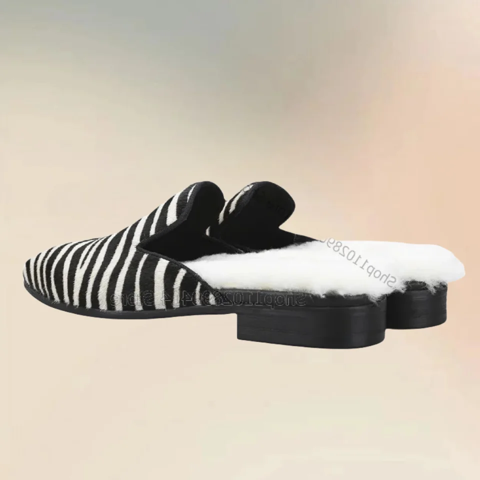 Black White Zebra Print Fur Decor Square Toe Slippers Fashion Slip On Men Shoes Luxurious Handmade Party Office Men Casual Shoes