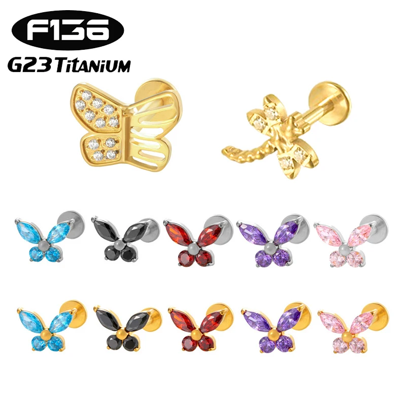 

1PC ASTM F136 G23 Titanium Zircon Butterfly Internal Thread Piercing Labret Lip Stud Daith Conch Stud Earring Piercing Jewelry