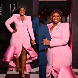 Fashion Pink Women Party Dress Double Breasted Long Jacket Custom Made Ruffle Plus Size Gown