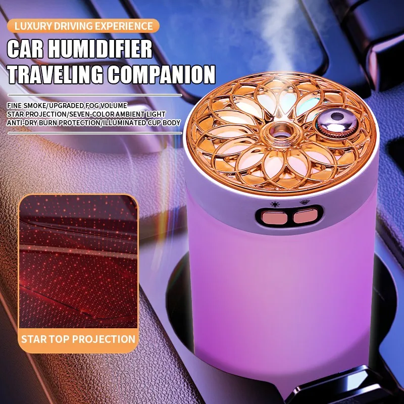 Wireless Car Humidifier Diffuser Starry Sky โปรเจคเตอร์โคมไฟแบบพกพา Air Humidifier MistMaker สําหรับ Home RGB Night