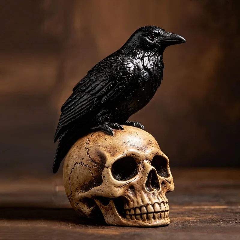Halloween Totenkopf-Krähe Harz-Statue, Gotische Schwarze Krähenschädel-Skulptur, Gruseliges Feiertagsgeschenk, Heim- und Gartendekoration