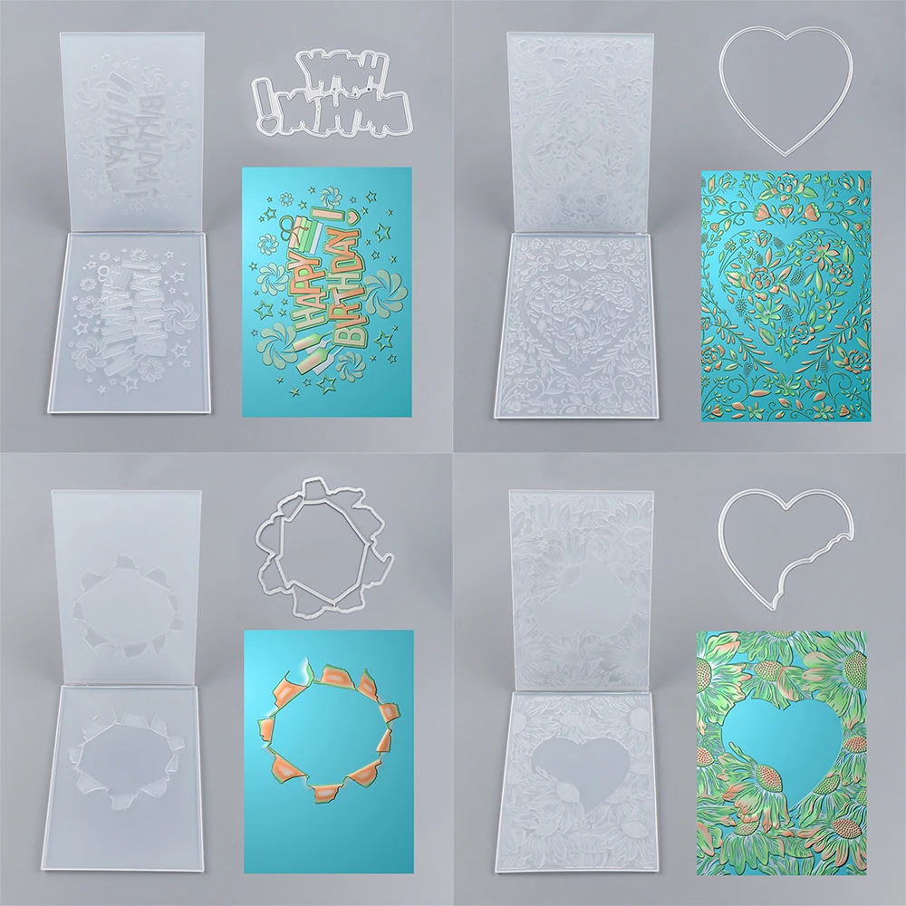 3D Embossing Folder and Cutting Dies Set Flower Love Heart Teared Round Background Diy Scrapbook Valentine's Day Birthday Cards