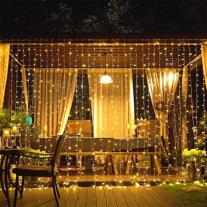 Guirnalda de luces solares para cortina, 8 modos de iluminación para decoración de Navidad al aire libre, Navidad, boda, fiesta, jardín, porche, Patio trasero, Patio, 2024, 1 unidad