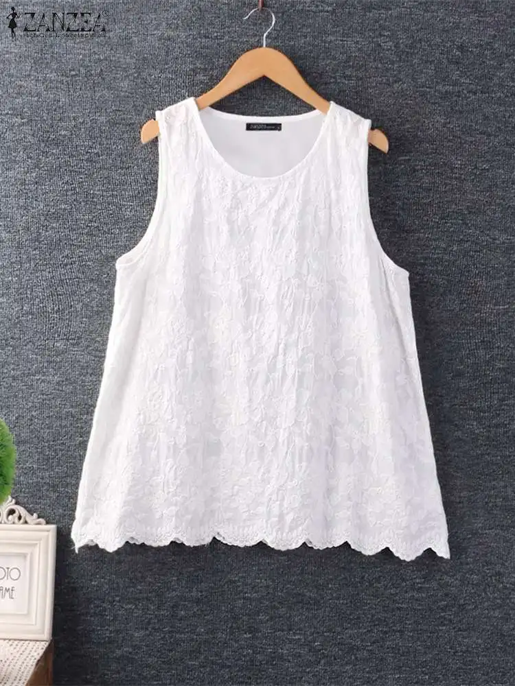 Women Sleeveless Blouse ZANZEA Summer Floral Camis Female Vintage Holiday Beach Tanks Tops Elegant Lace Patchwork Work Shirt