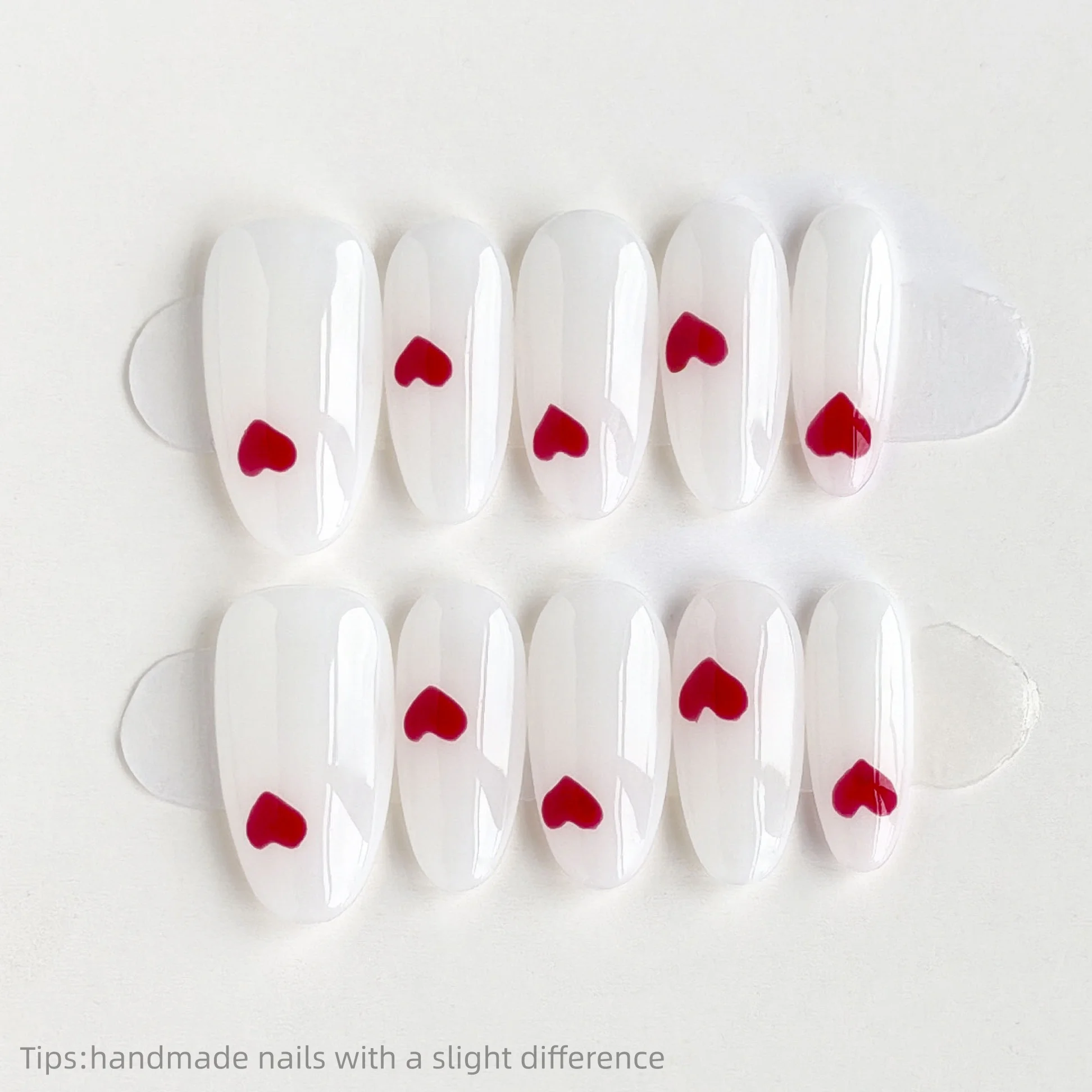 

10pcs Handmade White Red Heart Press on Nails Oval Long Wearable Reusable Cute False Nails 2026