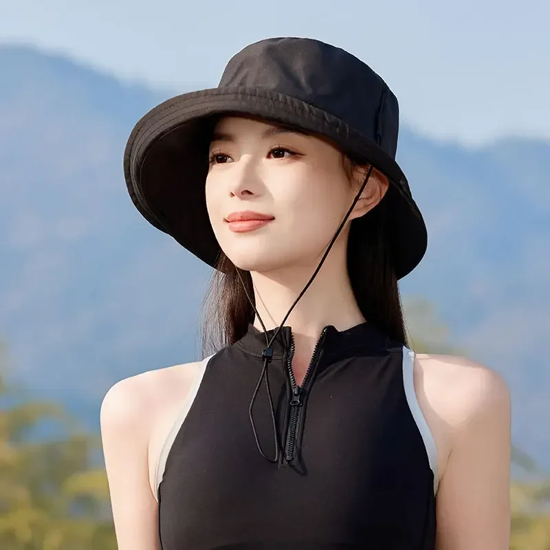 Boné de pescador feminino proteção uv aba larga balde chapéu senhora respirável alça à prova de vento para o verão ao ar livre viagens praia caminhadas