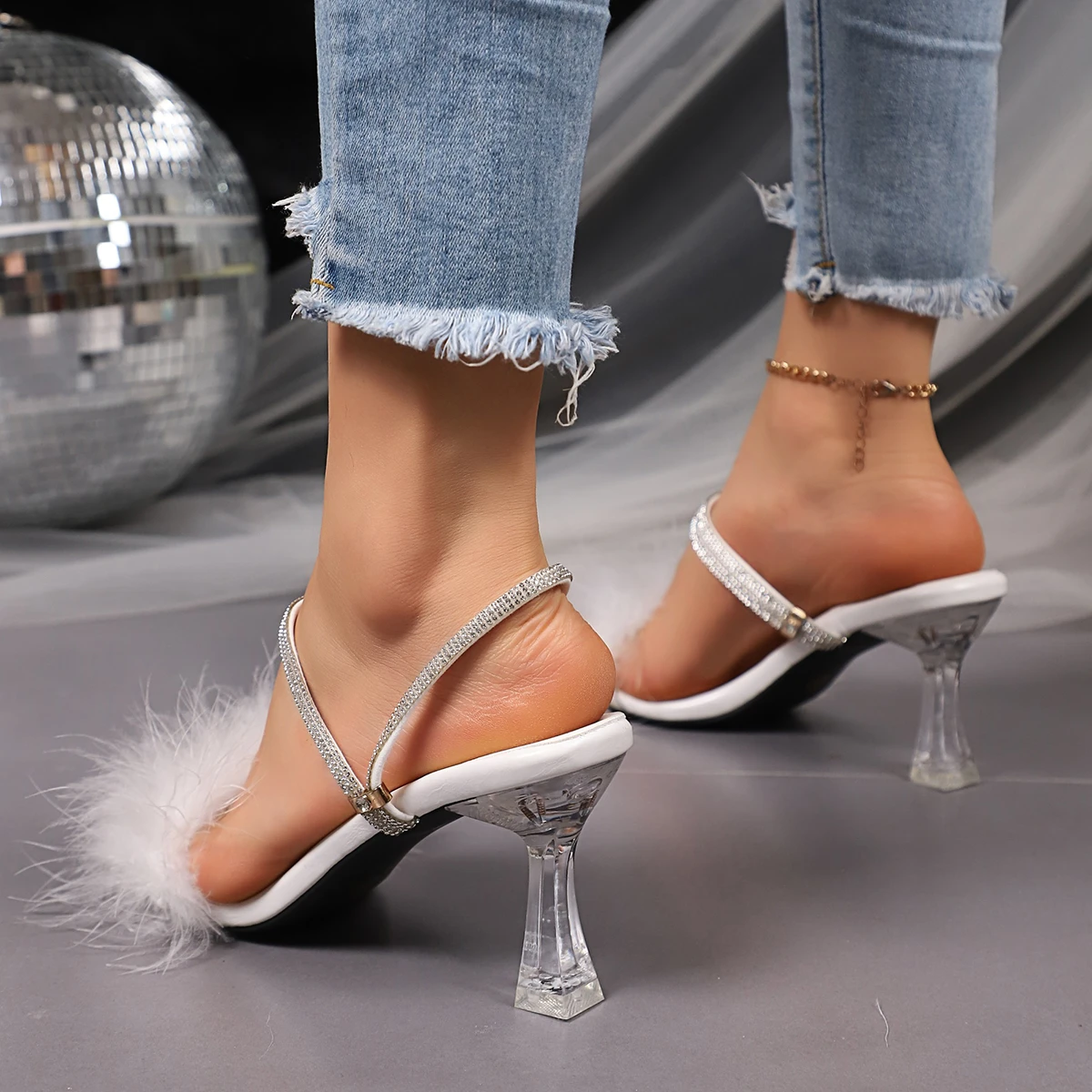 Women Square Toe White Feather Rhinestone Ankle Strap Clear Crystal Heel Slide Mules Slip‑On Party Dress Heeled Sandals - view 6
