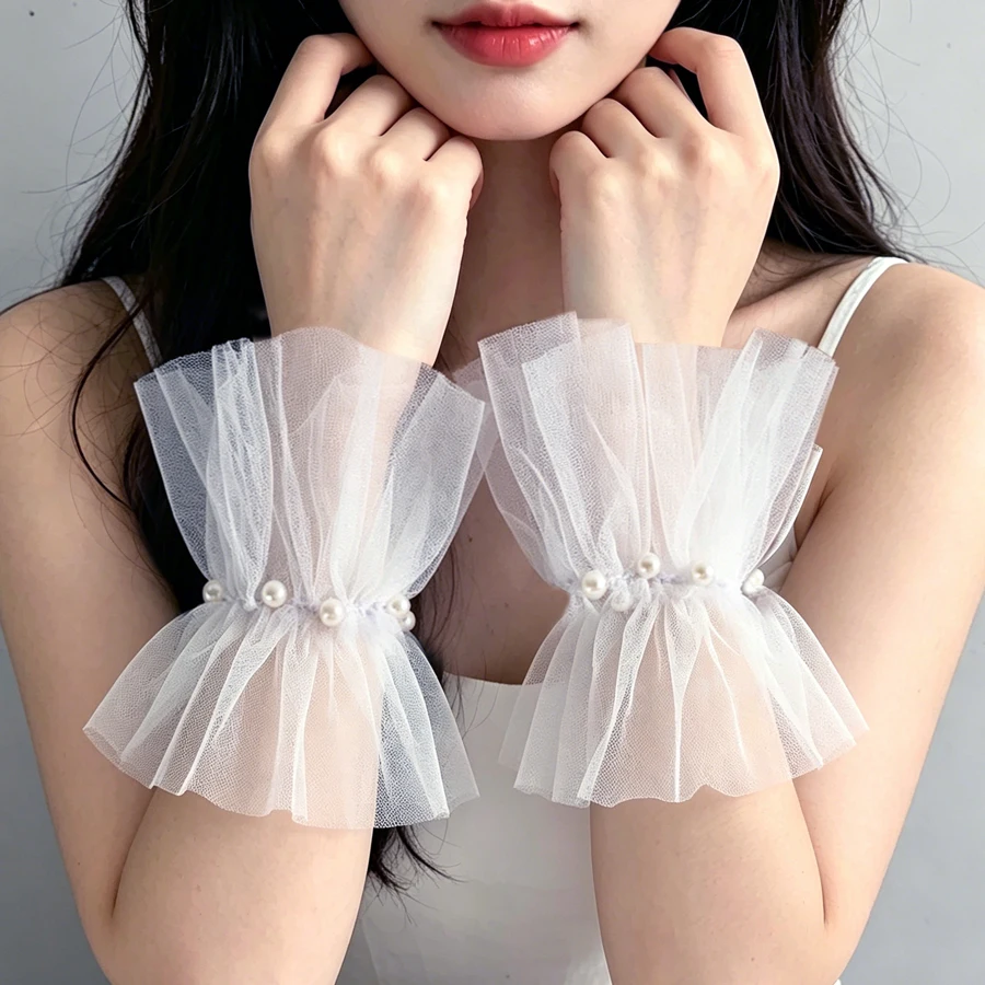 Pair of Beaded Tulle Sleeve Cuffs for Bride, Elegant Wedding Sheer Mesh Wrist Cuffs, Photo Props and Styling