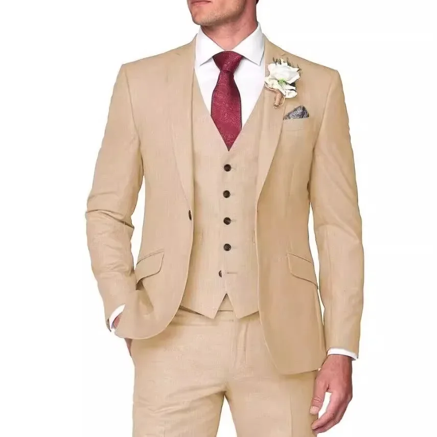 3 Piece Men\'s Retro Linen Men Suit Beach Wedding Suit Summer Slim Fit Linen Suit Groomsmen for Wedding(Blazer+Vest+Pants)