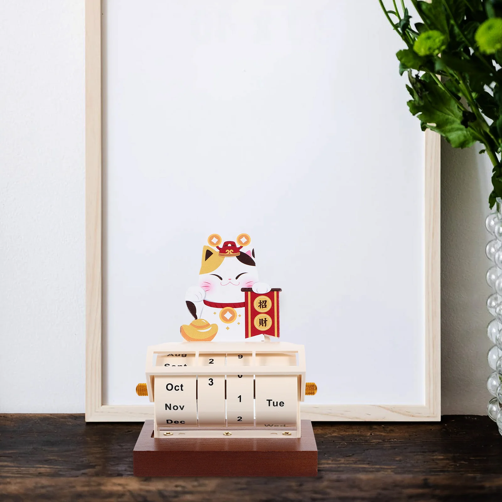 

Perpetual Desk Calendar Wooden Mini Desktop Home Office Decor Reusable Yearly Date Block Cartoon Style Table Accessory