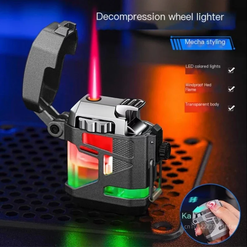 Cool LED Color Light Windproof Red Flame Butane Gas Lighter Transparent Gas Chamber Rotating Wheel Lighters Smoking Accessories