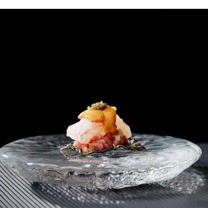 Assiette à dîner en verre Transparent, Texture irrégulière, assiettes à Dessert, collation, Sushi, vaisselle spécialisée pour Restaurant