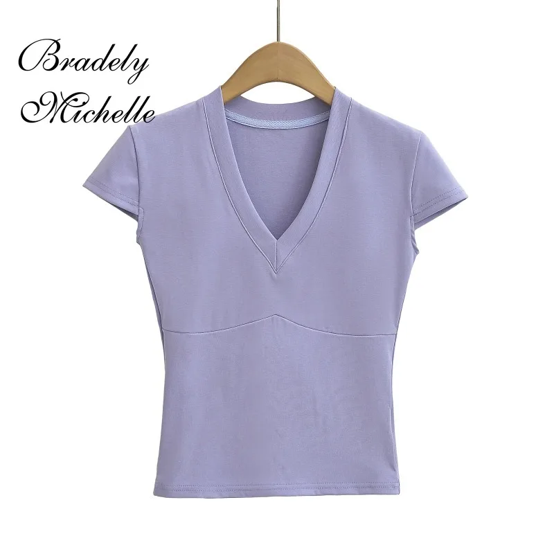 V-neck Solid Color Summer Crop Tops Women Short Sleeve Tops Sexy Bottoming Blouses T-shirt