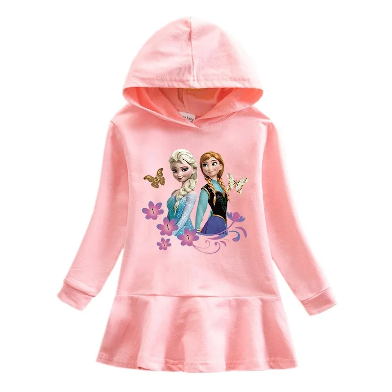 2024 New Disney Quality Cotton Girls Dress Clothing for Children Pink Long Sleeve Kids Blue Frozen Elsa Clothes Hooded 2-8Y