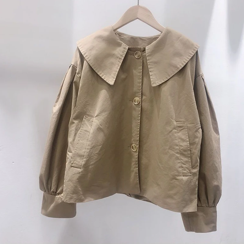 Jackets Women Khaki Vintage Loose Casual Autumn New Peter Pan Collar Fashion Sweet Korean Style Chic Girls All-match Temperament