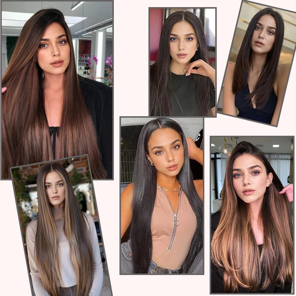 Clipe reto longo na extensão do cabelo, perucas sintéticas para mulheres, preto e marrom, 16 clipes, 22 ", 7 peças por conjunto