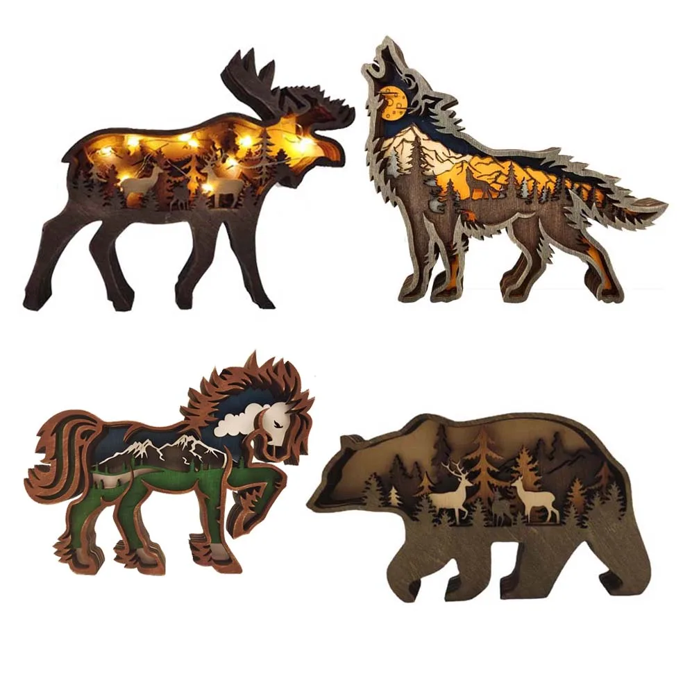 

Wooden Figure Dear Bear Wolf Horse Gifts Home Decor Figure Table Decoration Handicrafts Presents Animal Model with Lights