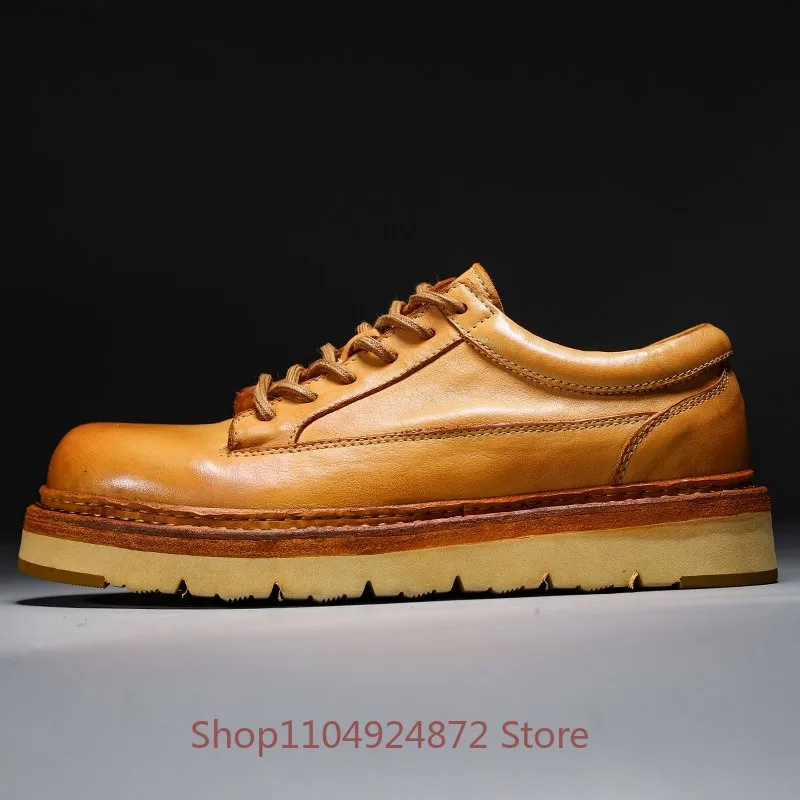 Handmade Genuine Leather Men's Shoes Low Top Lace Up Derby Thick Sole  Cowhide Vintage Casual Shoes Male Work Formal Brown