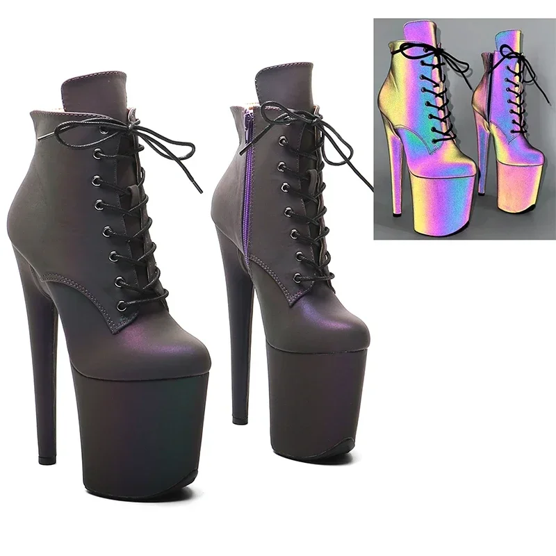 Leecabe  20CM/8inch  Reflective material PU   Platform Ankle Boots Sexy Exotic stripper heel pole dance shoes