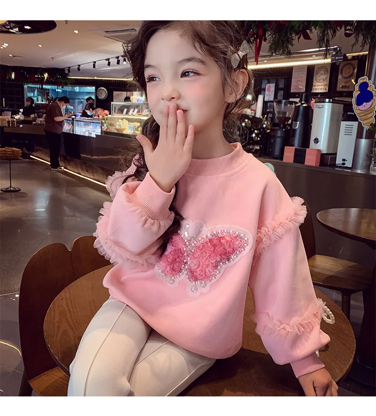 Herbst Kinder Mädchen Sweatshirts Schwestern Partnerlook Baumwollkleidung Pailletten Schmetterling Rüschenbesatz Langarm Rundhals Pullover Tops – Detail 6