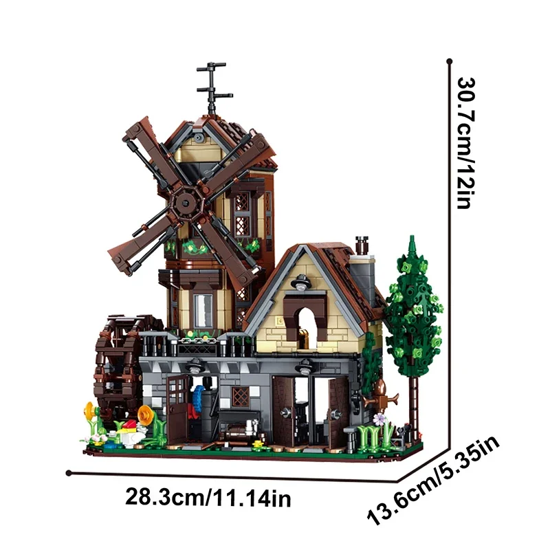 Street View Building Block Set, Rotating Windmill Farm Wooden House Building Blocks with Lights, Birthday and Holiday Gifts