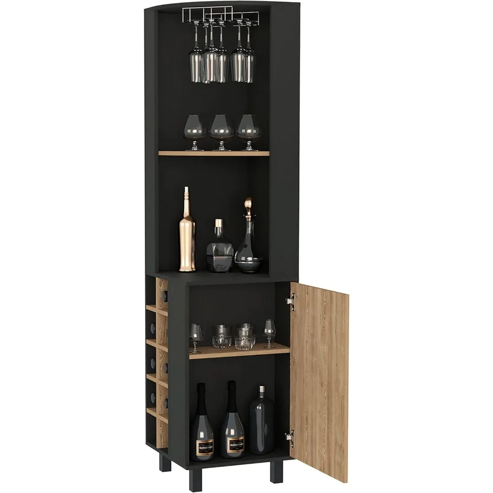 Bar Cabinet with Open Shelves, Inner Shelves, Glass Rack, and Wine Cubbies, Black/Pine