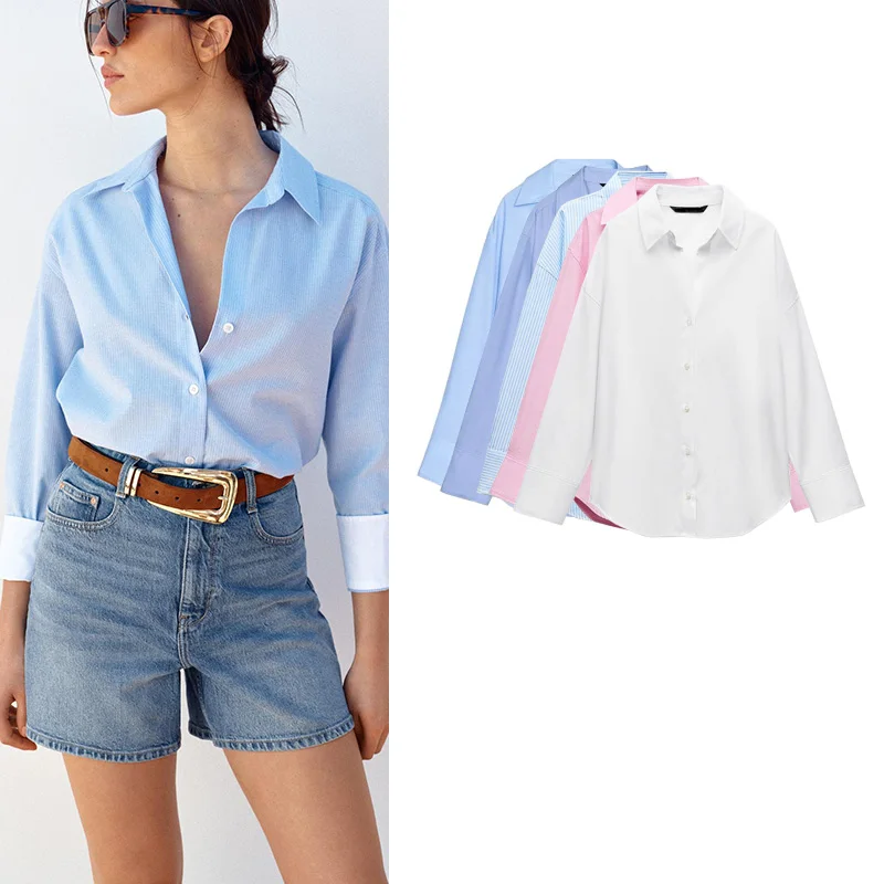 

Casual Ox Cotton Blend Long Sve Collar irt Asymmetric Hem Spring Summer Women's Faion ZA 874049