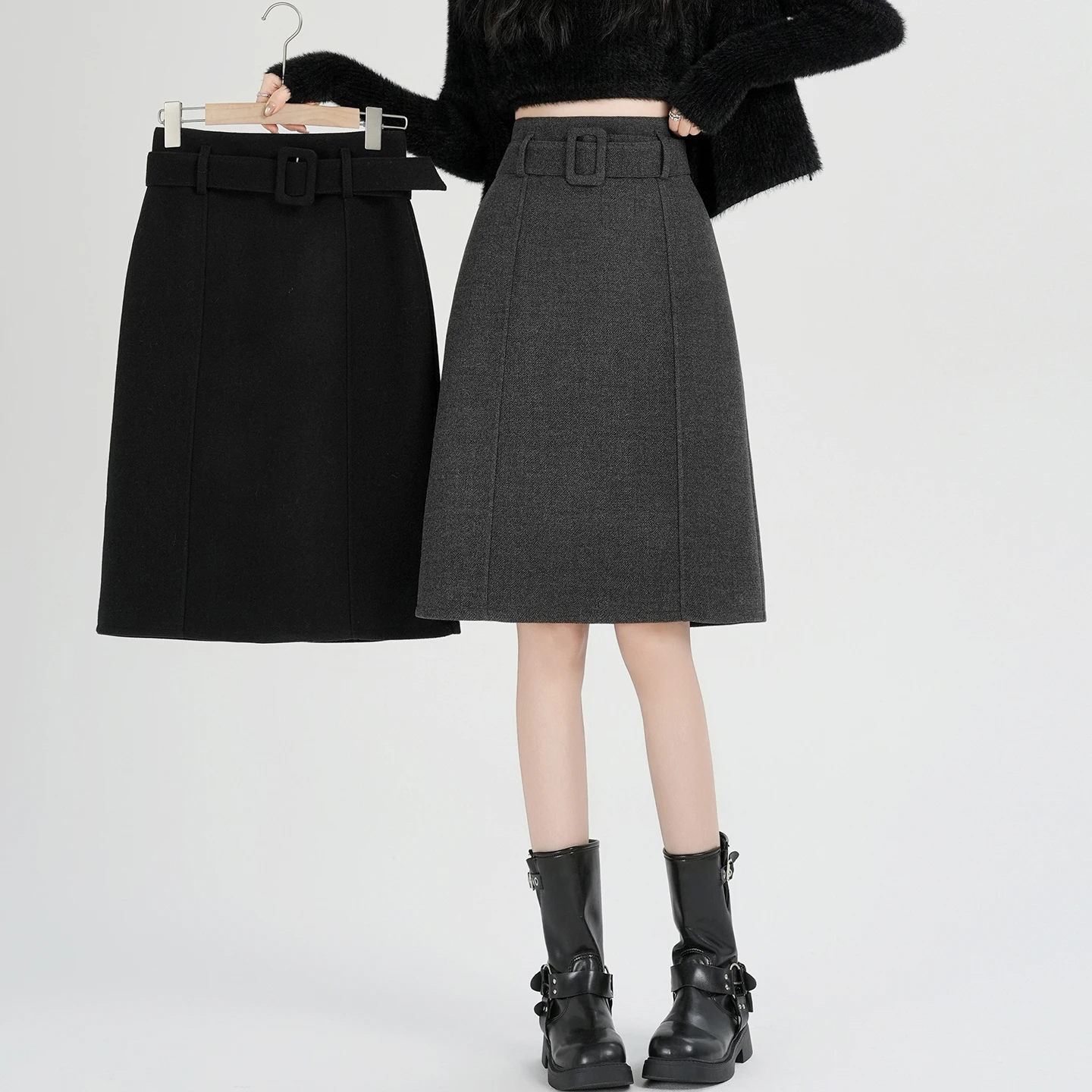 ay mat Wollen Midi Rok Dames 2025, Herfst Winter Nieuwe Sle Slanke A-lijn Rok Veelzijdig Woon-werkverkeer Ele f-lengt...