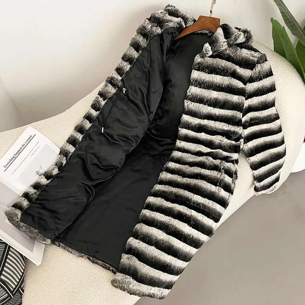 MENINA 2025秋冬ファッション フード付き天然ウサギ毛皮コート レディース トトロ柄ストライプ毛皮コート 厚手暖かいロングコート