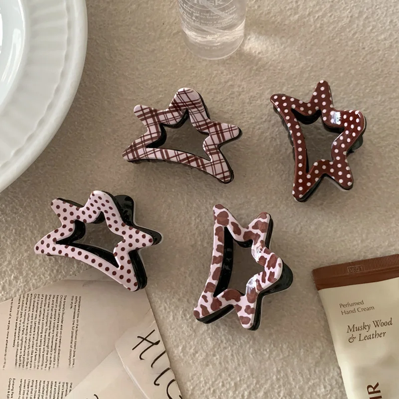 Nowa Seria Keluli Pink Coffee - Akrylowa Spinka do Włosów w Kształcie Gwiazdy, Słodka Spinka z Kropkami, Krab do Włosów dla Kobiet i Dziewcząt, Akcesoria do Włosów