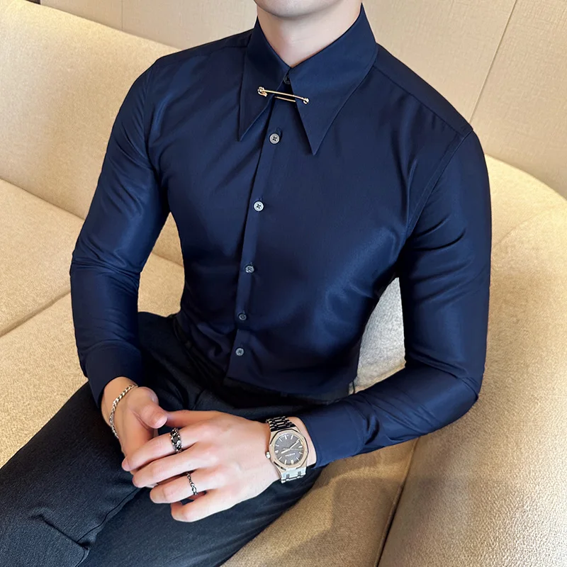 Brand Clothing Business Casual Shirts Men 2024 Spring Long Sleeve Pointed Collar Office Social Dress Shirts Banquet Party Blouse