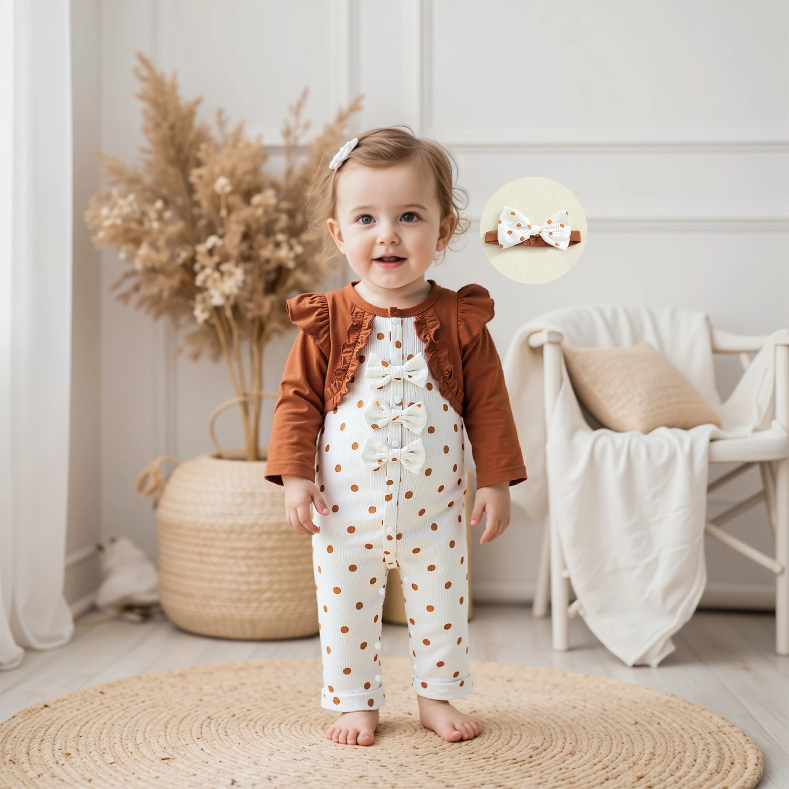 

Осенний комбинезон для маленьких девочек в горошек, искусственный комбинезон из двух предметов с длинными рукавами и круглым вырезом, с повязкой на голову с бантом, одежда для новорожденных