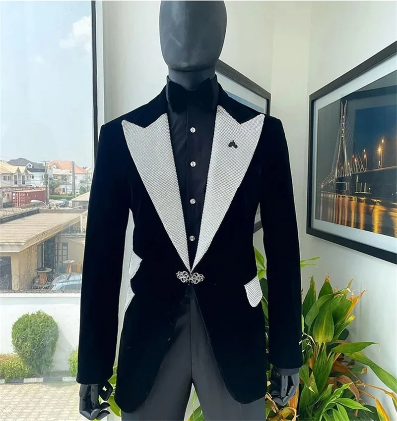 Conjunto de trajes de terciopelo para hombre, chaqueta de 2 piezas + pantalones de algodón negros, chaqueta de esmoquin para boda, abrigo Formal de oficina y negocios para hombre