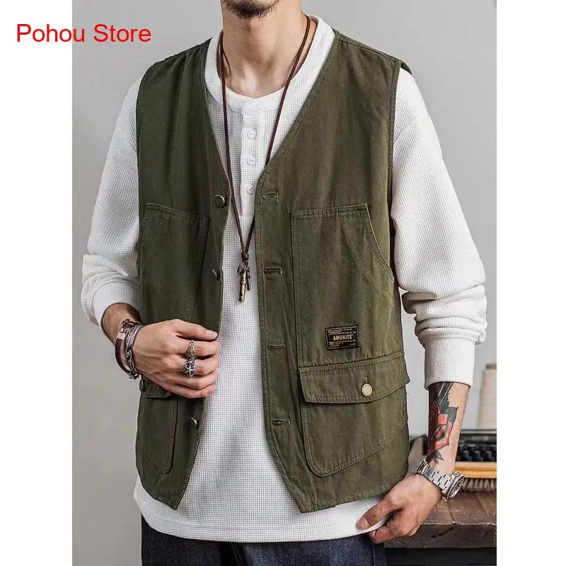 Summer Retro Loose and Thin Japanese Multi Pocket Workwear Sleeveless Vest Men