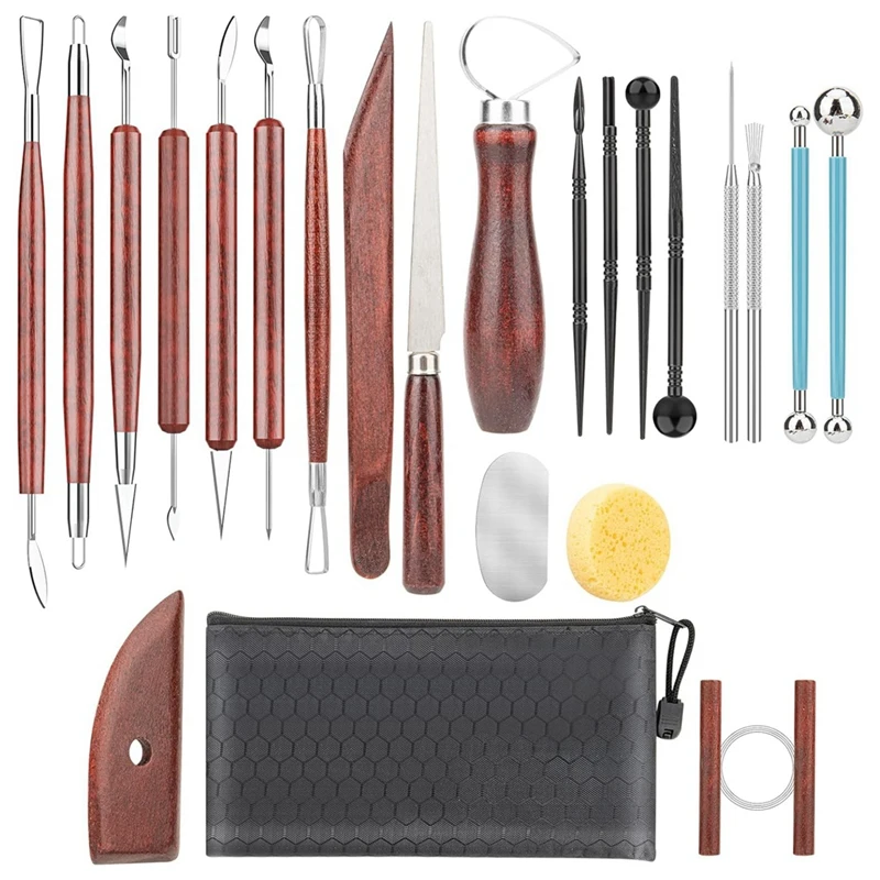 engraving set Clay Sculpting Tools, Basic Clay Pottery Carving Tool Kit with Wooden Handles and Tool Bag for Carving, Molding