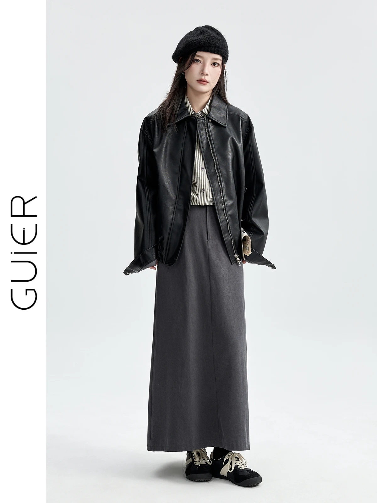 Jaqueta de Couro Feminina Bla, Design Solto e Estiloso com Duplo Zíper, Moda Casual, Nova Chegada de Outono