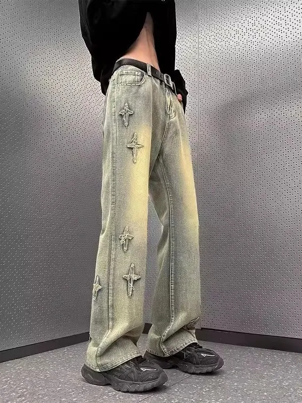 

Retro American High Street Embroidered Denim Jeans Loose Straight Leg Wide Leg Pants Cross Star Vibe High Design Sensation
