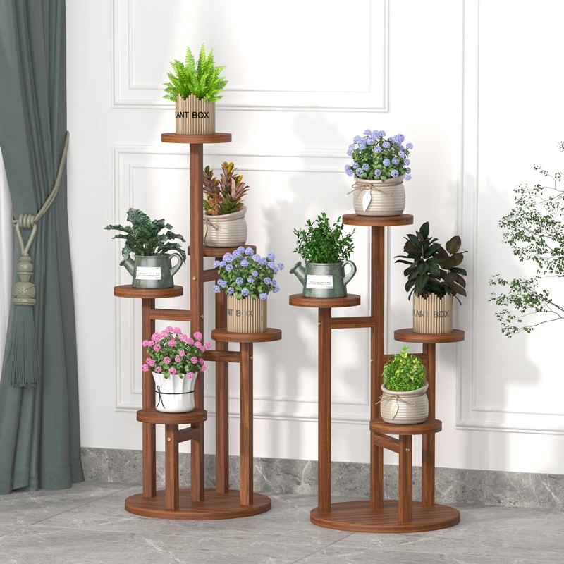 

‌Wood Plant Stand - Multi-Tier Rot-Resistant Shelf, Mobile Planter with Hanging Basket for Pothos, Balcony Living Room Decor
