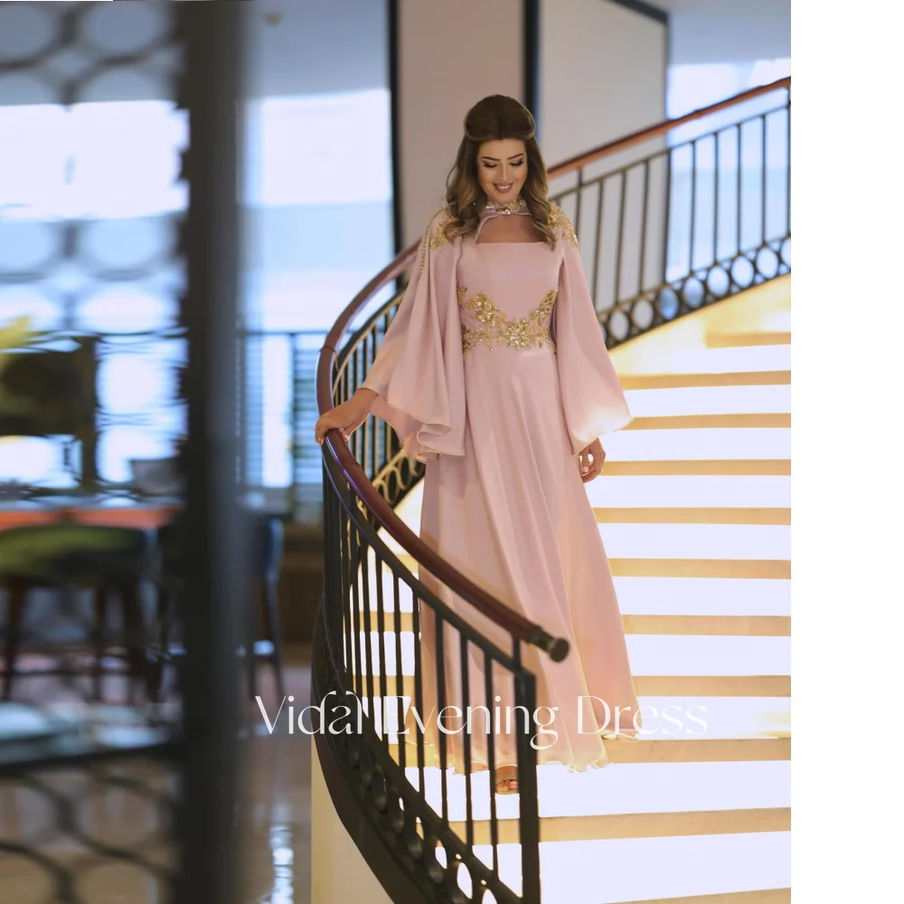 

Vindal Pink Elegant Evening Gown Vintage Sweet Beading Long Sleeves Dress Formal Occasion Prom Dress Birthday Party Gowns Robe