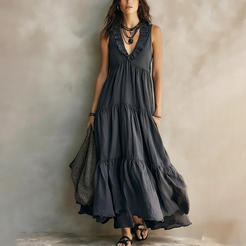 

Elegant Women's Maxi Dress Sleeveless Sexy V-Neck Ruffle Trim Loose Flowy Tiered Dress Casual Boho Beach Vacation Sundress