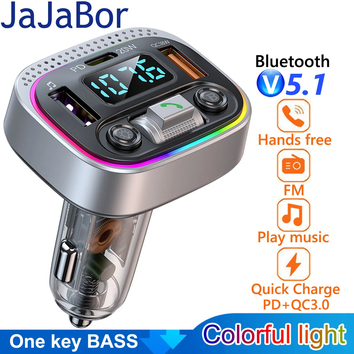 

JaJaBor FM Transmitter Type C PD20W QC3.0 Dual USB Fast Charging Car MP3 Player Bluetooth Handsfree Calling FM Player