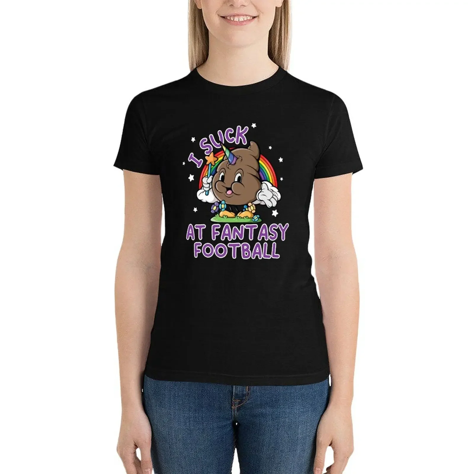 I Suck At Fantasy Football loss Funny Pink Unicorn Poop t-shirt grafica vestiti carini magliette bianche per le donne