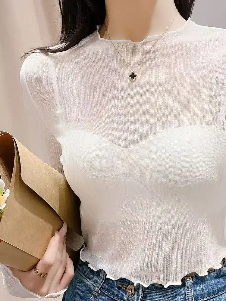 Spring Summer Lace T-shirt Wooden  Ruffle Thin Long Sleeve Short Base Shirt Shiny Thread Fashionable Inner Wear Mesh Smal...