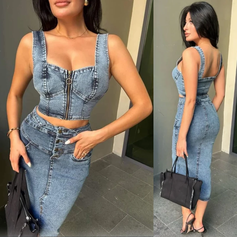 

Fashionable Skinny High Waist Sleeveless Crop Top 2 Piece Denim Skirts Set Women 2026 Summer Jean Streetwear Two Piece Sets