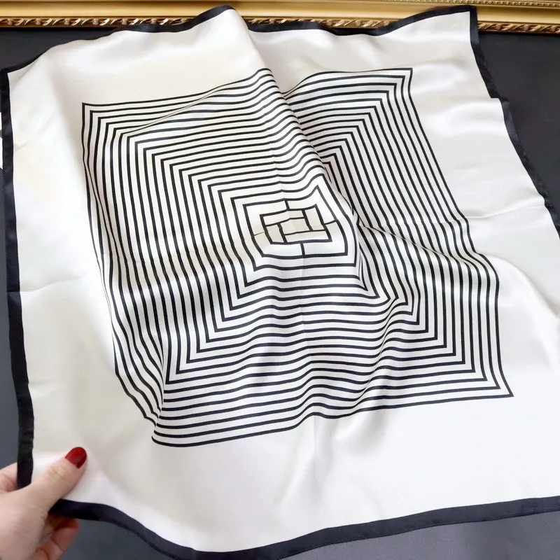 68cm-シルクサテンスクエアスカーフ-ブラックホワイト-装飾ネックプロテクター-ファッショナブルなショール-あらゆる年齢層向けの多用途アクセサリー