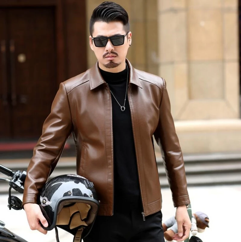 Blouson de moto en cuir véritable pour homme, vêtement masculin à la mode