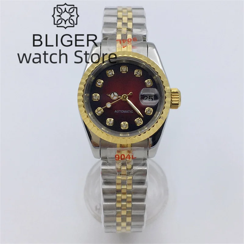 BLIGER 26mm Silver Gold Luxury Mechanical Watch For Ladies NH05 Movement Red dial Diamond Index Date Sapphire Glass Ladies watch